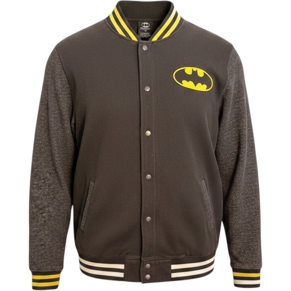 Mens Batman Baseball Jacket Black Yellow Logo‎ Varsity Snap Front Long Sleeve